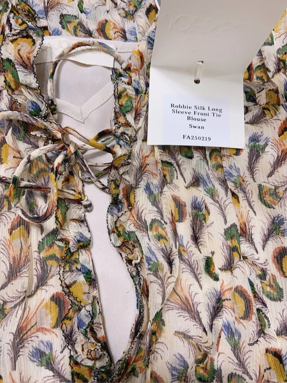 NWT $520 Ulla Johnson Robbie Feather-Print Silk Tie-Front Blouse